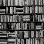 Black and white image of books on shelves