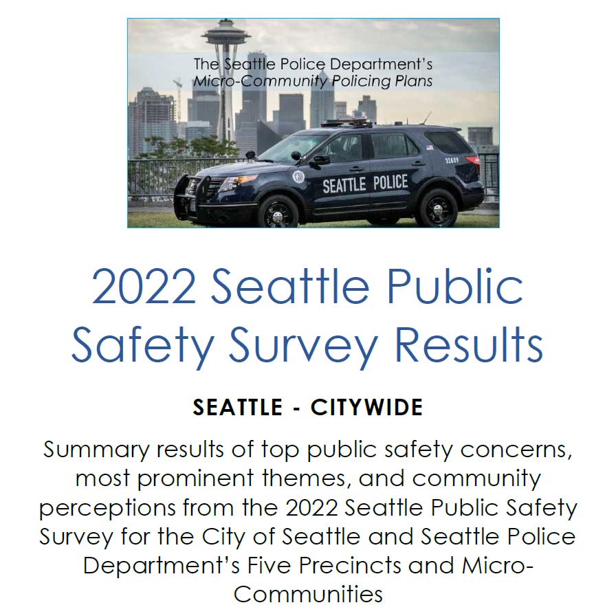 Summary results of top public safety concerns, most prominent themes, and community perceptions from the 2022 Seattle Public Safety Survey for the City of Seattle and Seattle Police Department’s Five Precincts and Micro-Communities