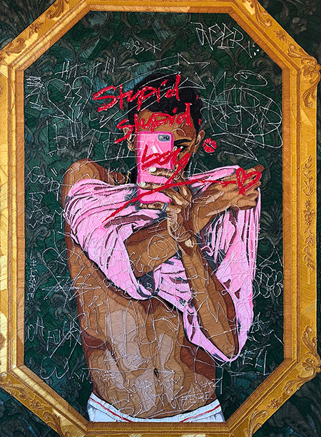 a photograph of a painting depicting a black person taking off a pink shirt while taking a selfie. The words 