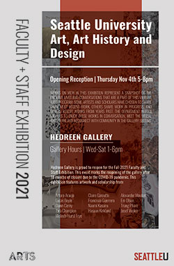 a poster for the faculty exhibition, text on a collage of images from the exhibition