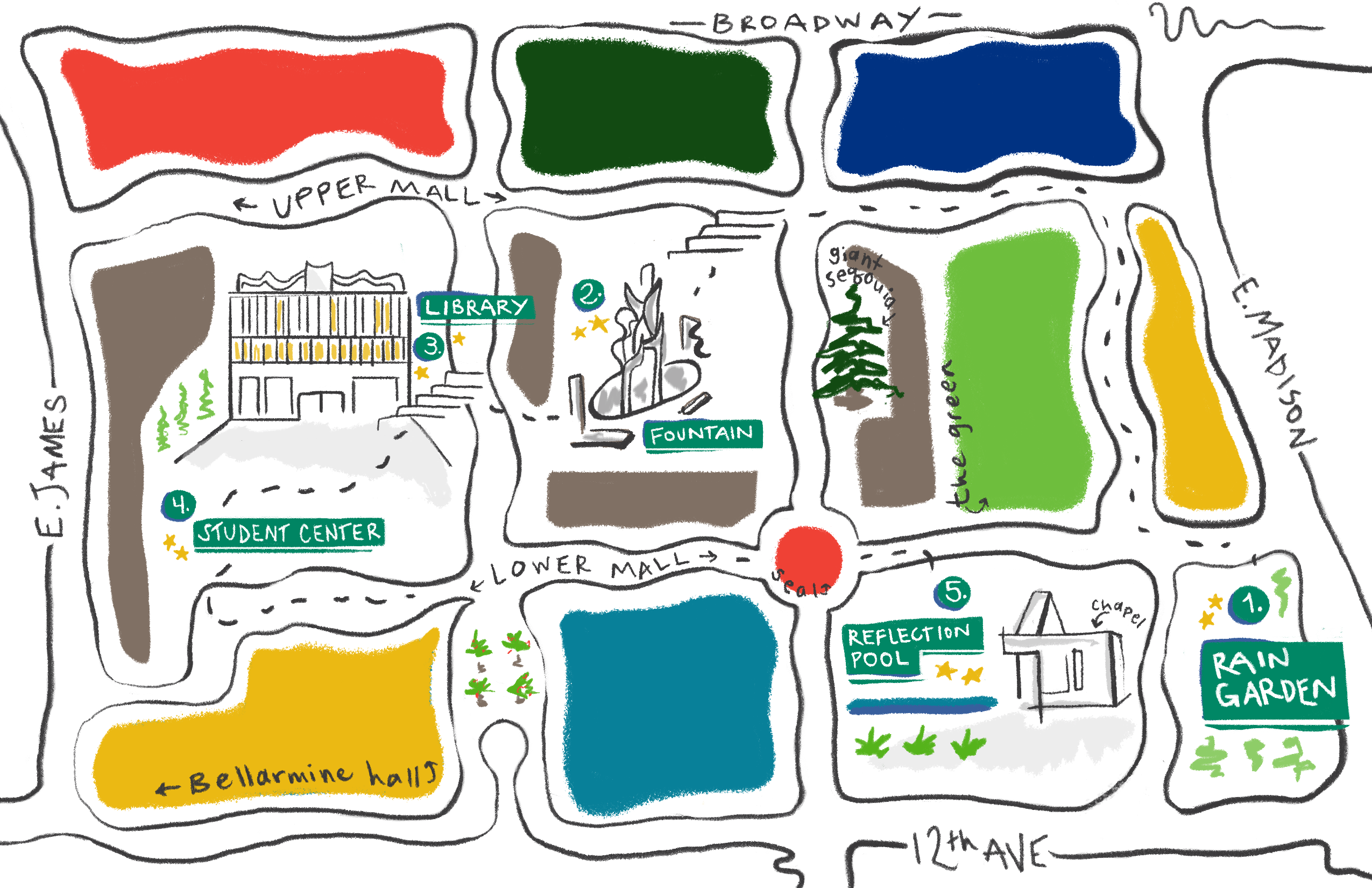 handrawn map of seattle university campus