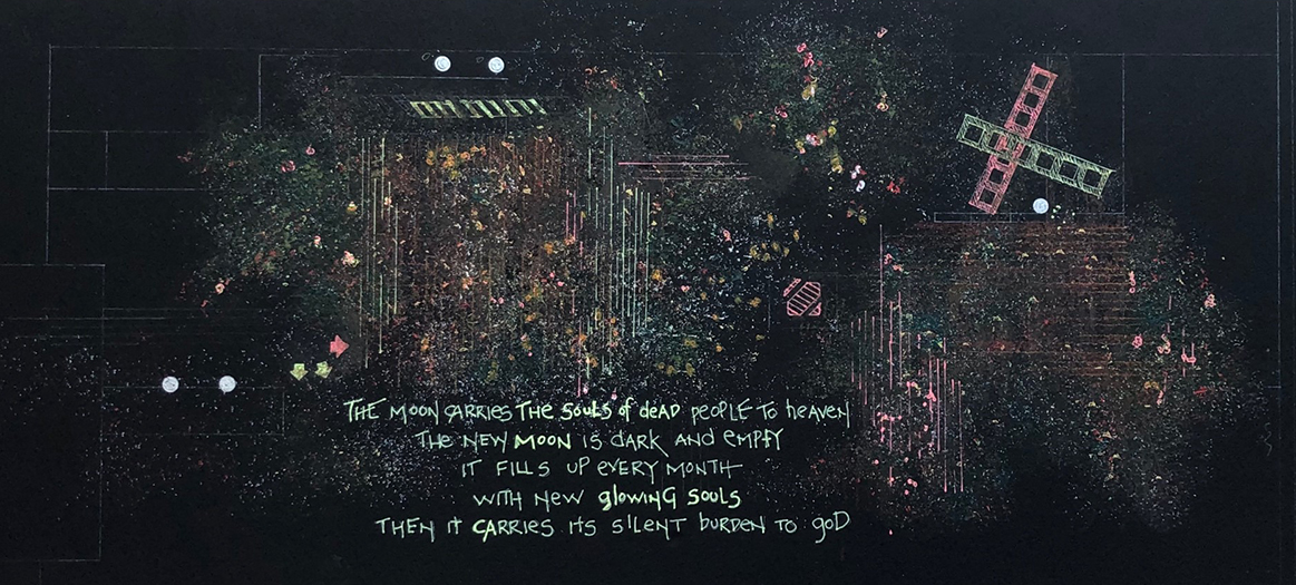 Dark background with calk markings and a scrawled poem