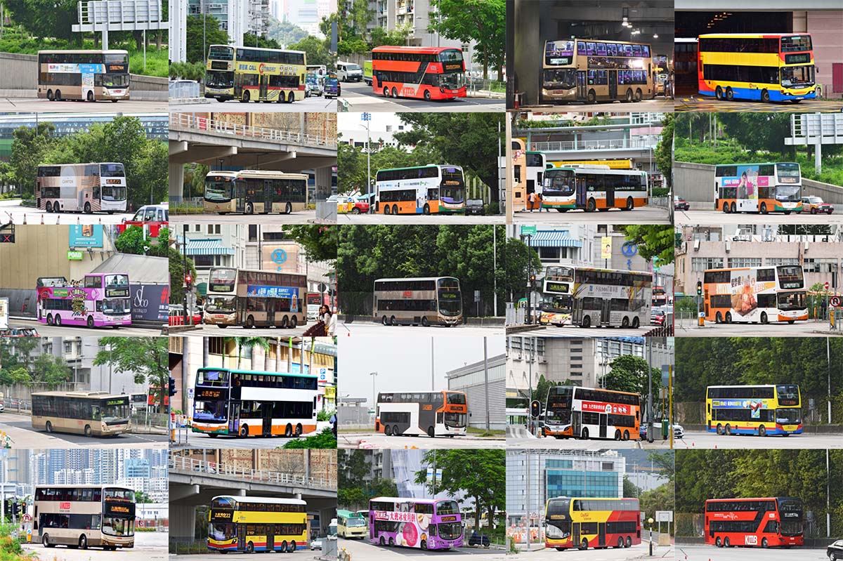 photo mosaic of different double decker busses