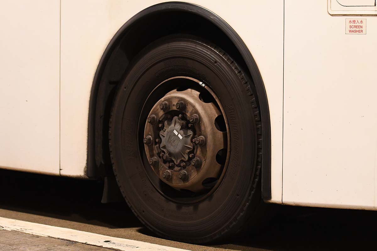 Photograph of a bus wheel