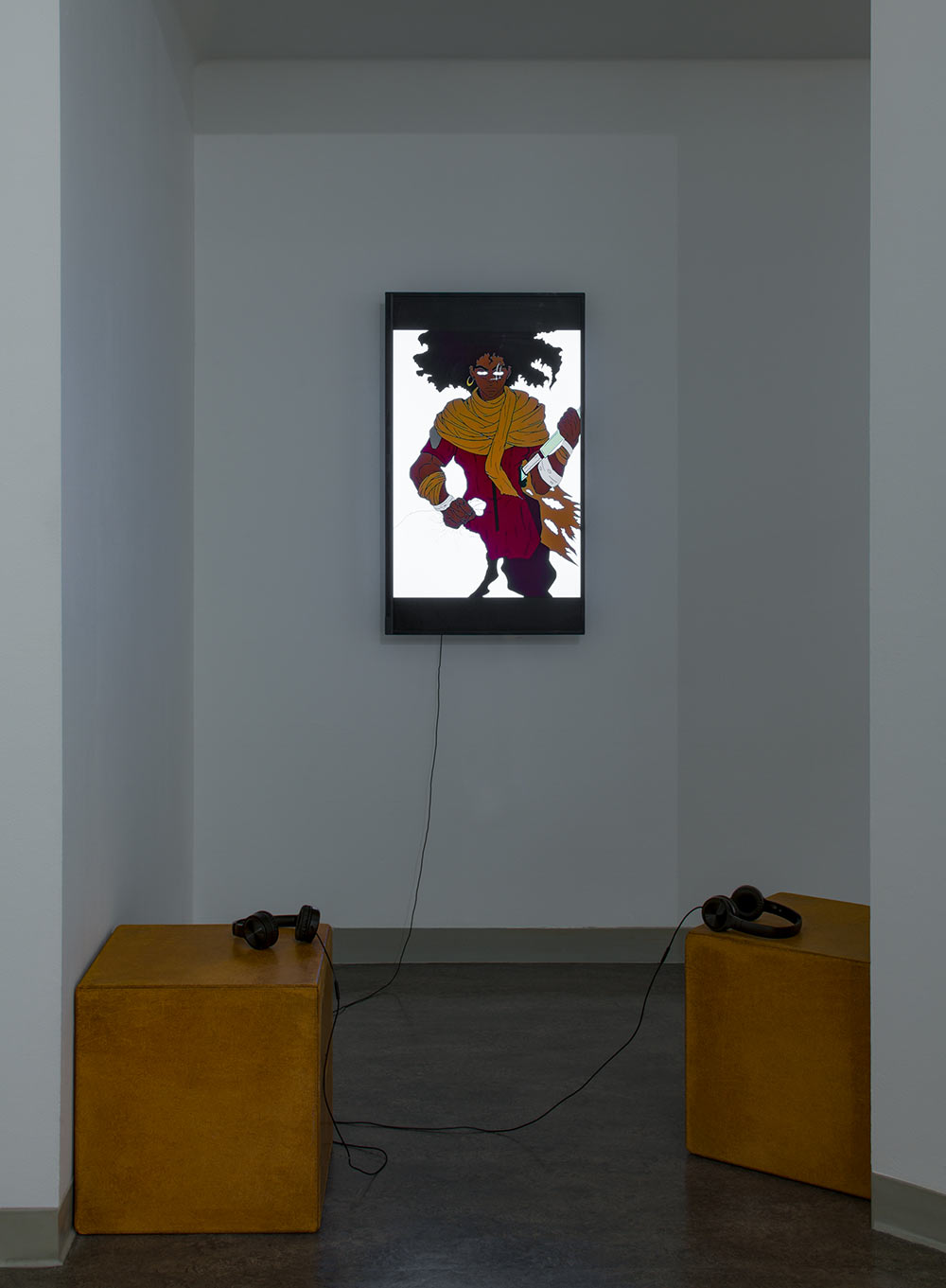 Photo of artwork by SU student Torren Broussard-Boston installed in the Vachon Gallery
