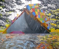 painting of silver ship with brightly colored containers sinking in a silver sea