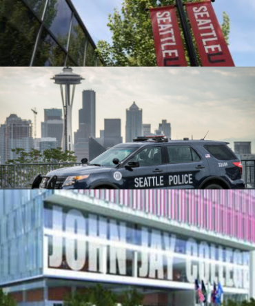 Image with Seattle U banners, Space Needle with Seattle Police Department vehicle, photo of John Jay College