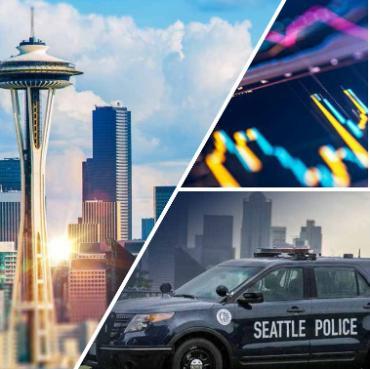 Images of the Space Needle, police vehicle and chart on computer