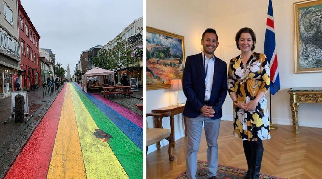 Rainbow crosswalk in Iceland and Juan Reyes meeting Iclandic first lady