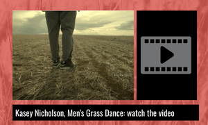 Image of man's legs in field of grass and text to watch the video