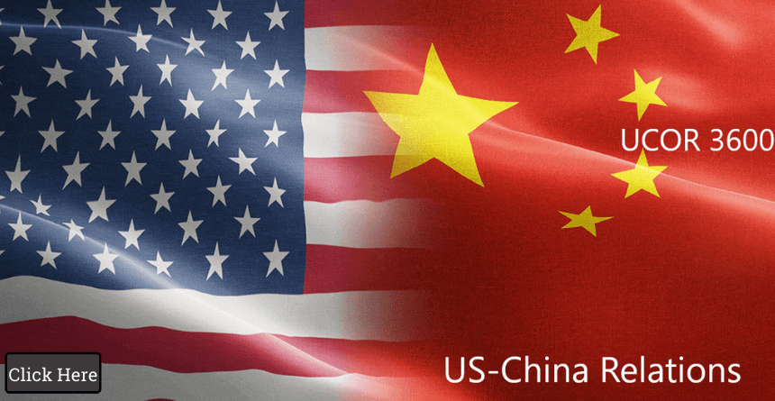 US China Relations tile on background of US flag superimposed with Chinese flag stars