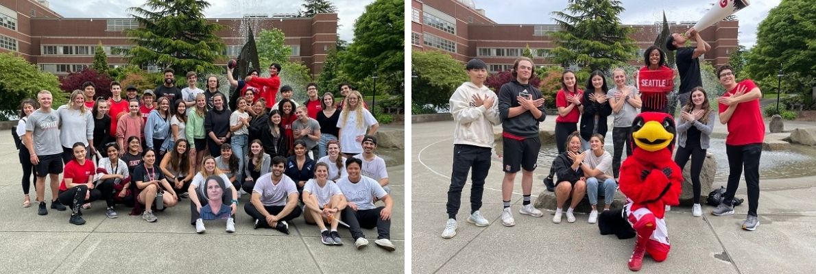 Two photos of students and faculty in front of fountain