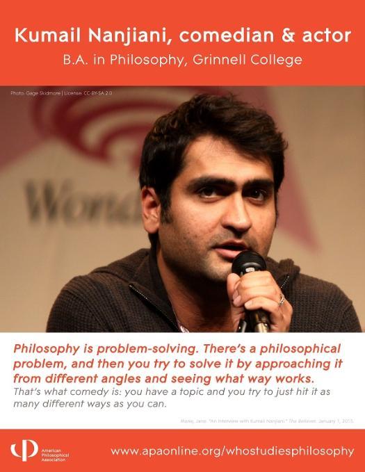 Photo of actor Kumail Nanjiani and text about his Philosophy degree