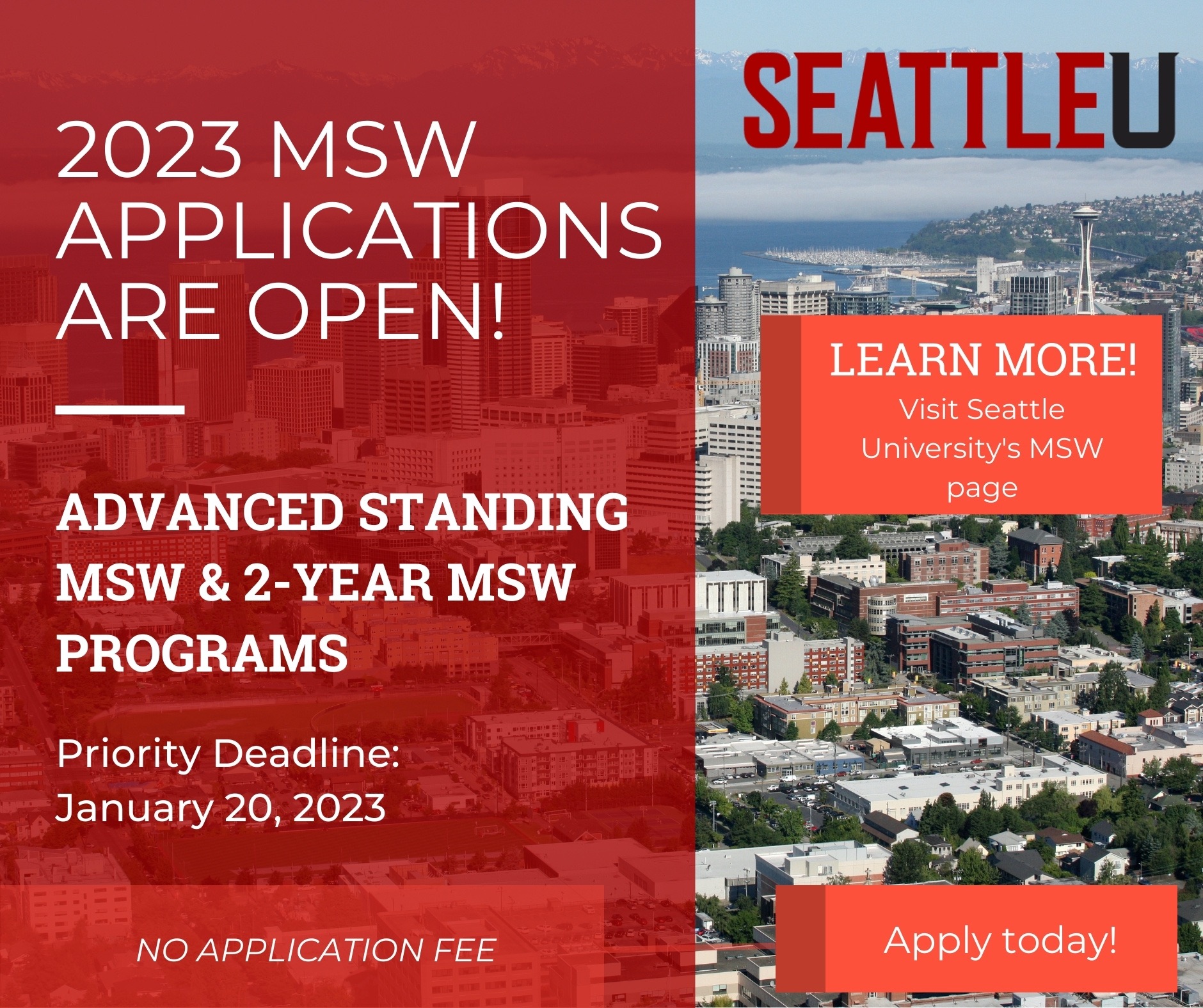 Announcement graphic for opening of 2023 MSW Applications, with Advanced-Standing and 2-Year Program options available.