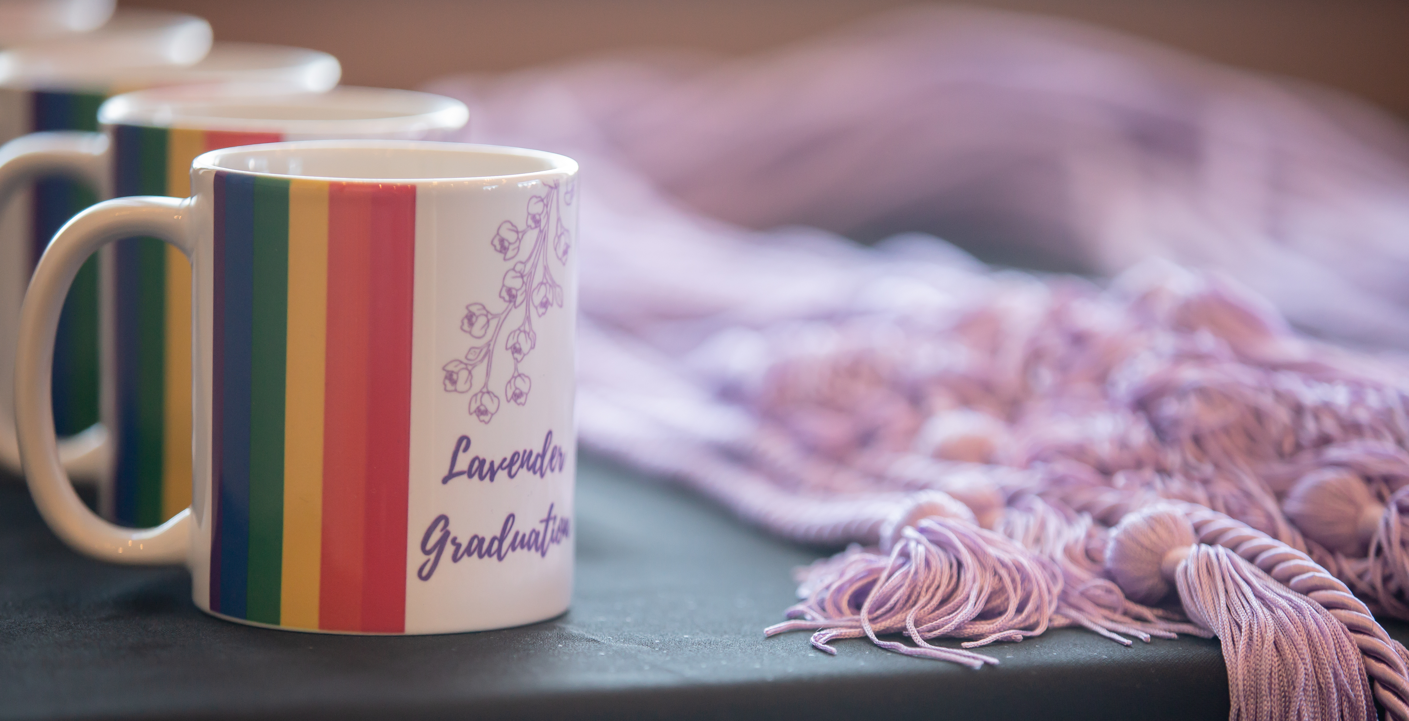 Photo of Pride mug & graduation cords at SU's Lavender Graduation celebration.