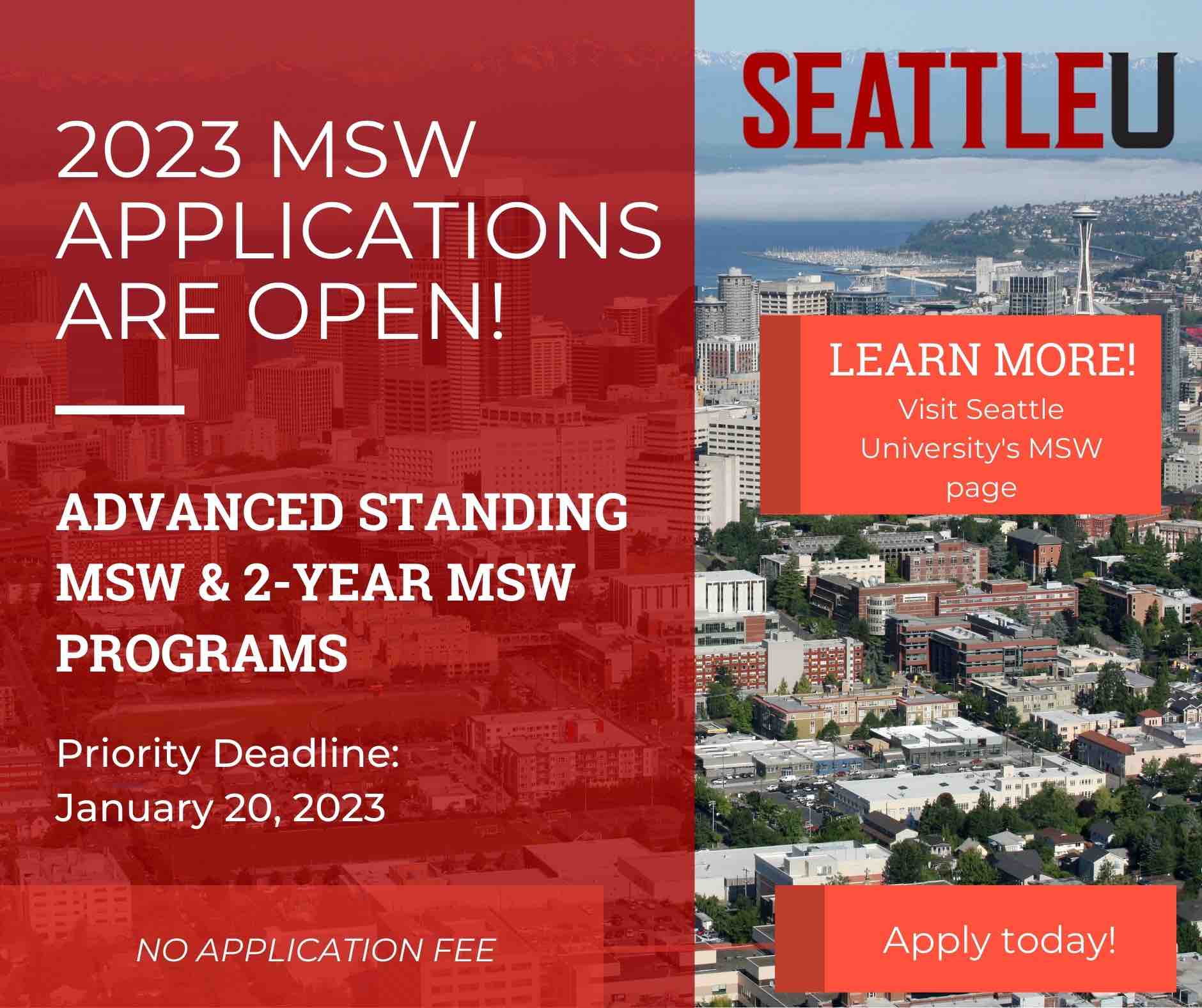 Graphic announcing opening of 2023 MSW program applications.