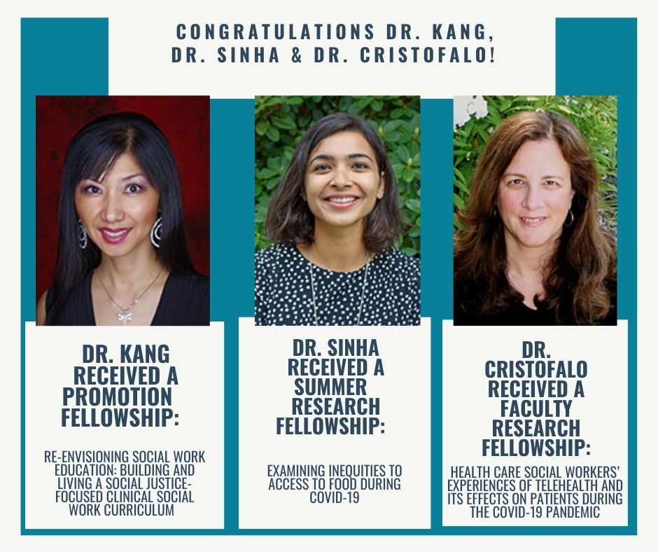 Congratulations Dr. Kang, Dr. Sinha and Dr. Cristofalo! Dr. Kang received a promotion fellowship. Dr. Sinha received a summer research fellowship. Dr. Cristofalo received a faculty research fellowship