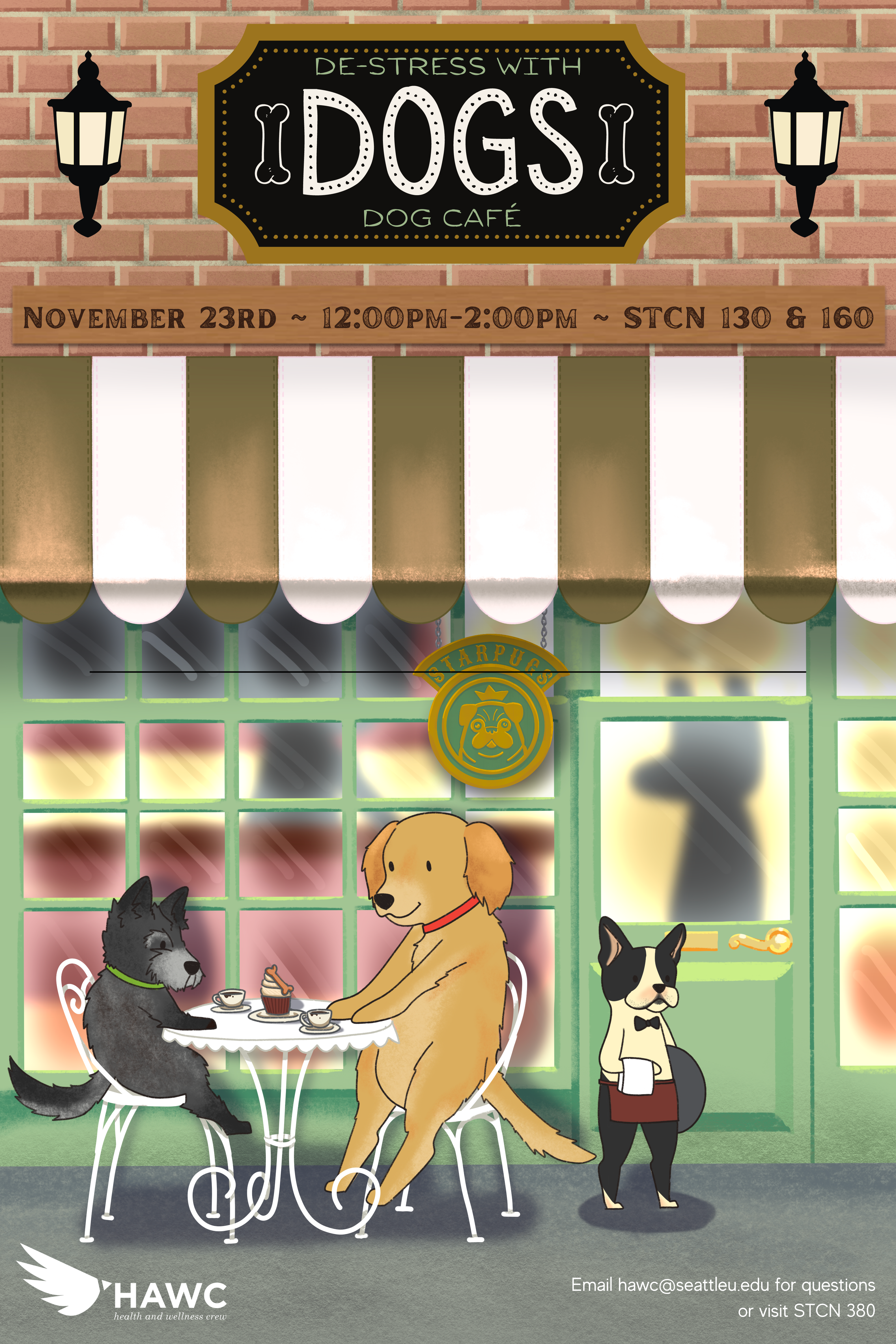 two illustrated dogs sitting at a cafe having coffee