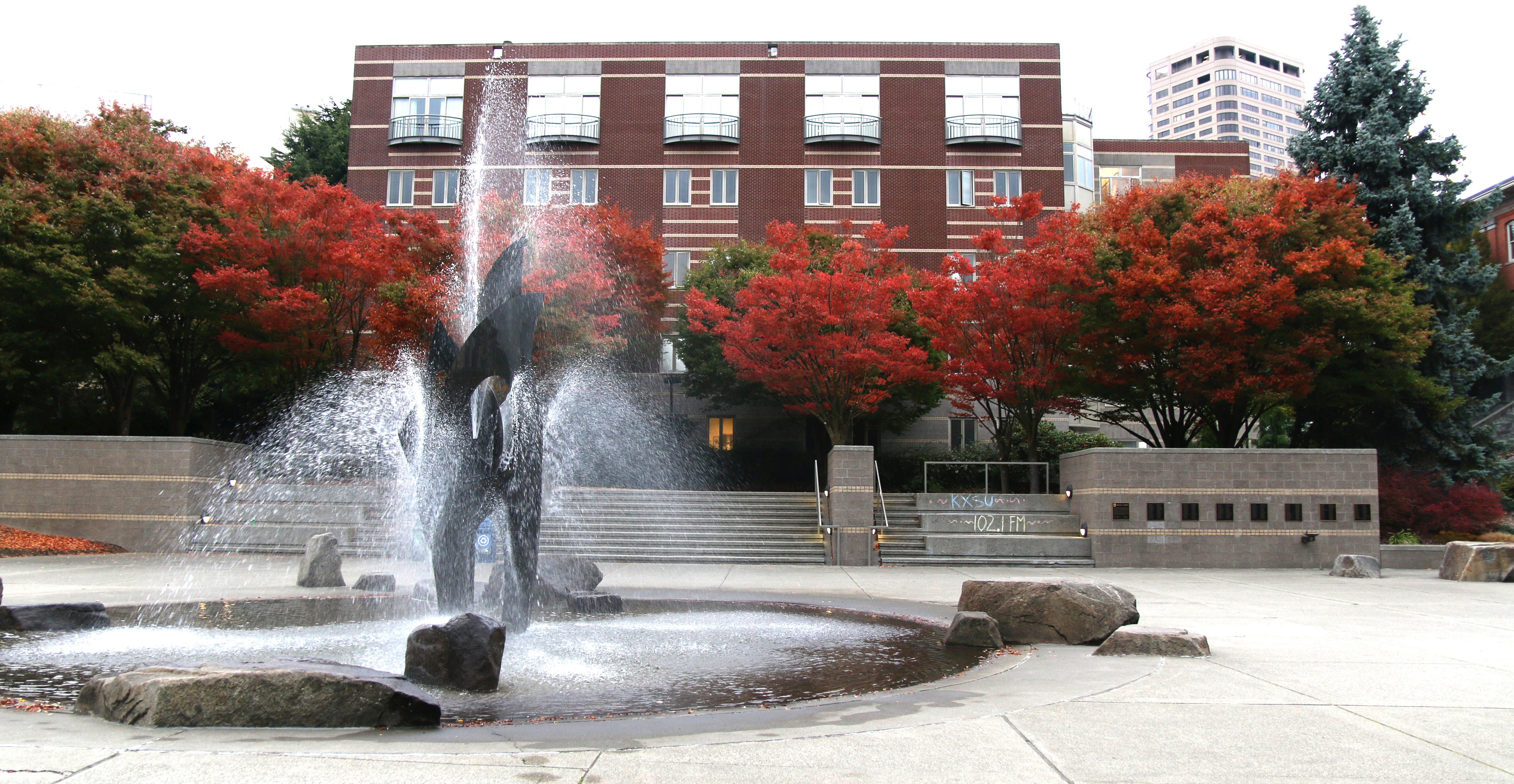 Seattle University fountain and building in fall 