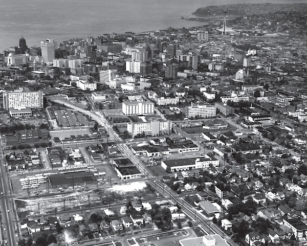 Black and white aerial view of the city of Seattle.