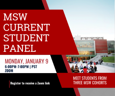 Graphic for MSW current student panel, occurring on Monday January 9th, 2023 from 6:00-7:00 pm (PST) on Zoom. Join to meet students from three MSW cohorts.