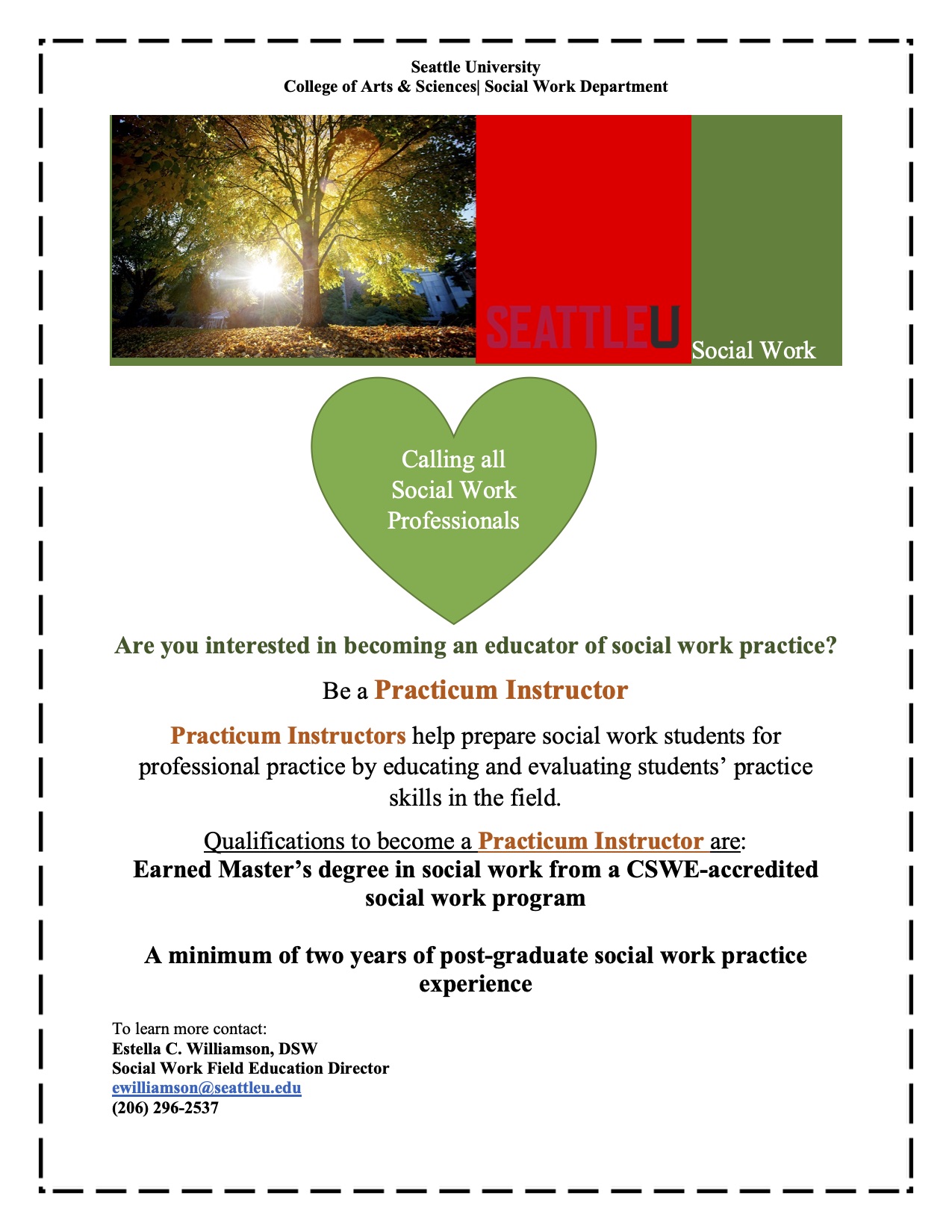 Practicum Instructor recruitment flyer-photo of a tree in fall at top of page. 