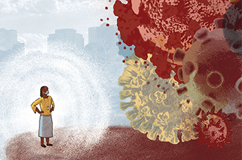 Drawing of a woman standing next to large drawing of a virus
