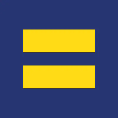 Human RIghts Campaign logo, blue background with yellow equality symbol.