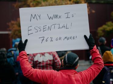 Human services workers gather in the Seattle City Hall plaza to rally for increased wages that will cover inflation, at a minimum, on Tuesday, November 8, 2022. (from Crosscut)