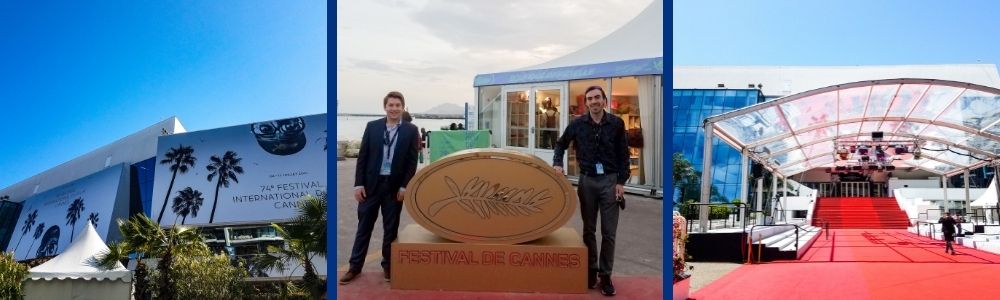Film graduates Nils Gollersrud and Anthony Bowmer  in the center, venues at Cannes on left and right