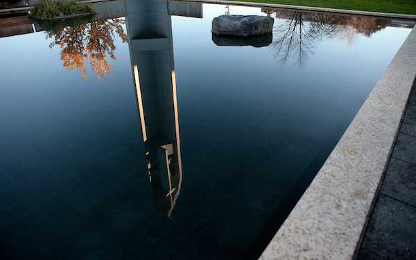 The reflection of the bell tower in SU's reflection Pool