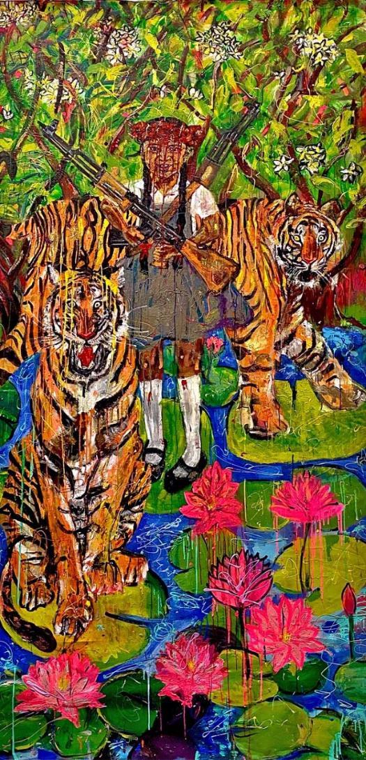 Colorful painting featuring pink water lilies, two tigers, and a young girl holding a gun