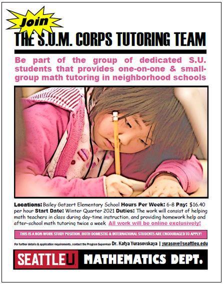 Image of SUM Corps 2021 Poster promoting tutoring postions with local elementary school childern