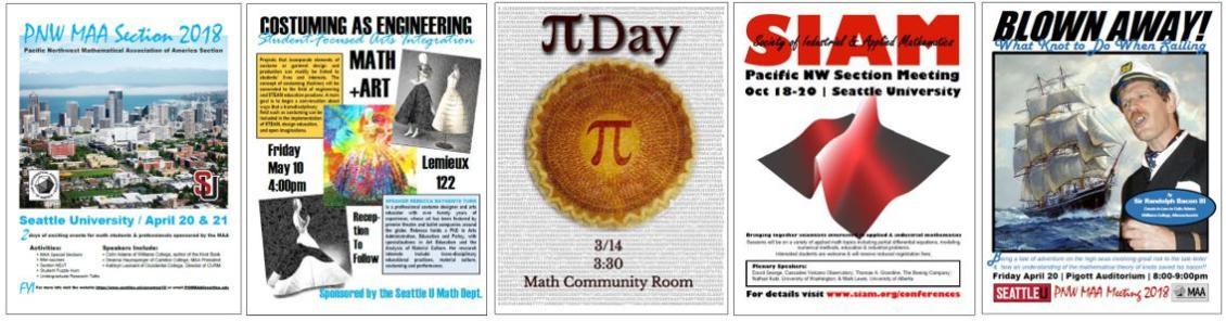 Group of 5 posters shown as examples of math special event programs