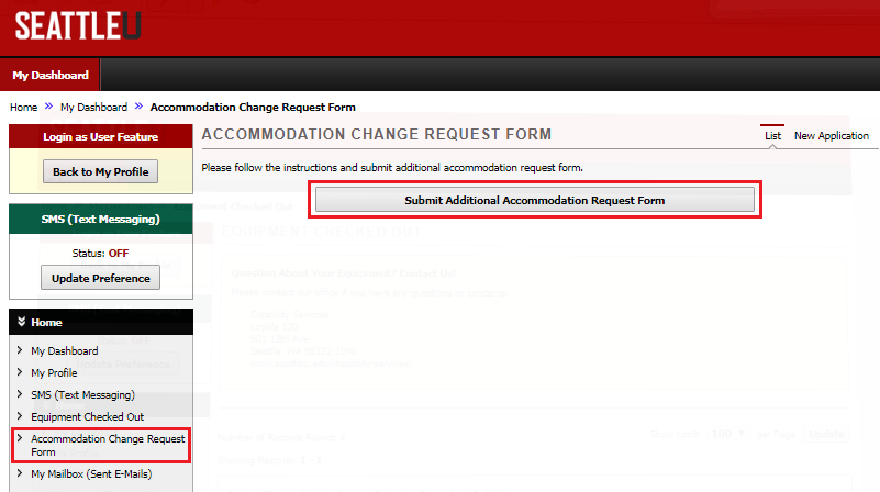 Screenshot of the first page of the Accommodation Request Form in myDS that displays a button to press to submit an additional accommodation request form