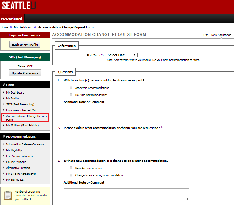 Screenshot of Accommodation Request Form in my DS that displays the request form that would need to be filled out