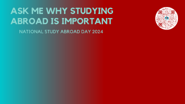 Blue and Red Zoom background with Ask Me Why Studying Abroad Is Important