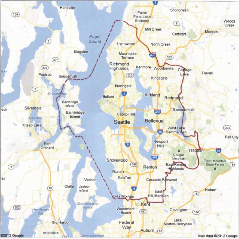Seattle University Commutable Distance map showing distance within 20 mi of campus