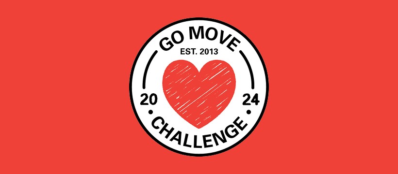 Go Move challenge Logo 2024. White circle with red heart in middle with GO MOVE CHALLENGE 2024 text