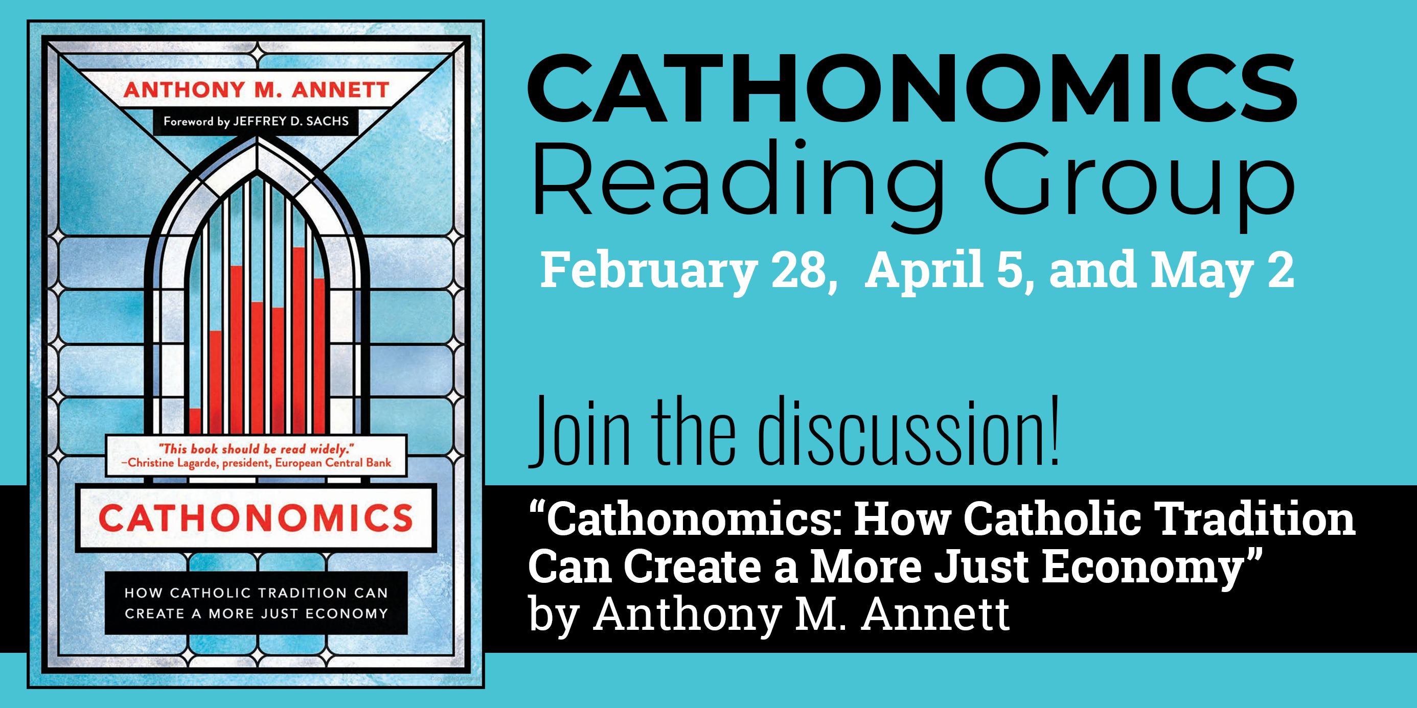 Promotional flyer of Cathonomics Reading Group. On the left, there is the cover of the book Cathonomics by Anthony M Annett. On the right, there is information about the event. This information is the same as the following: