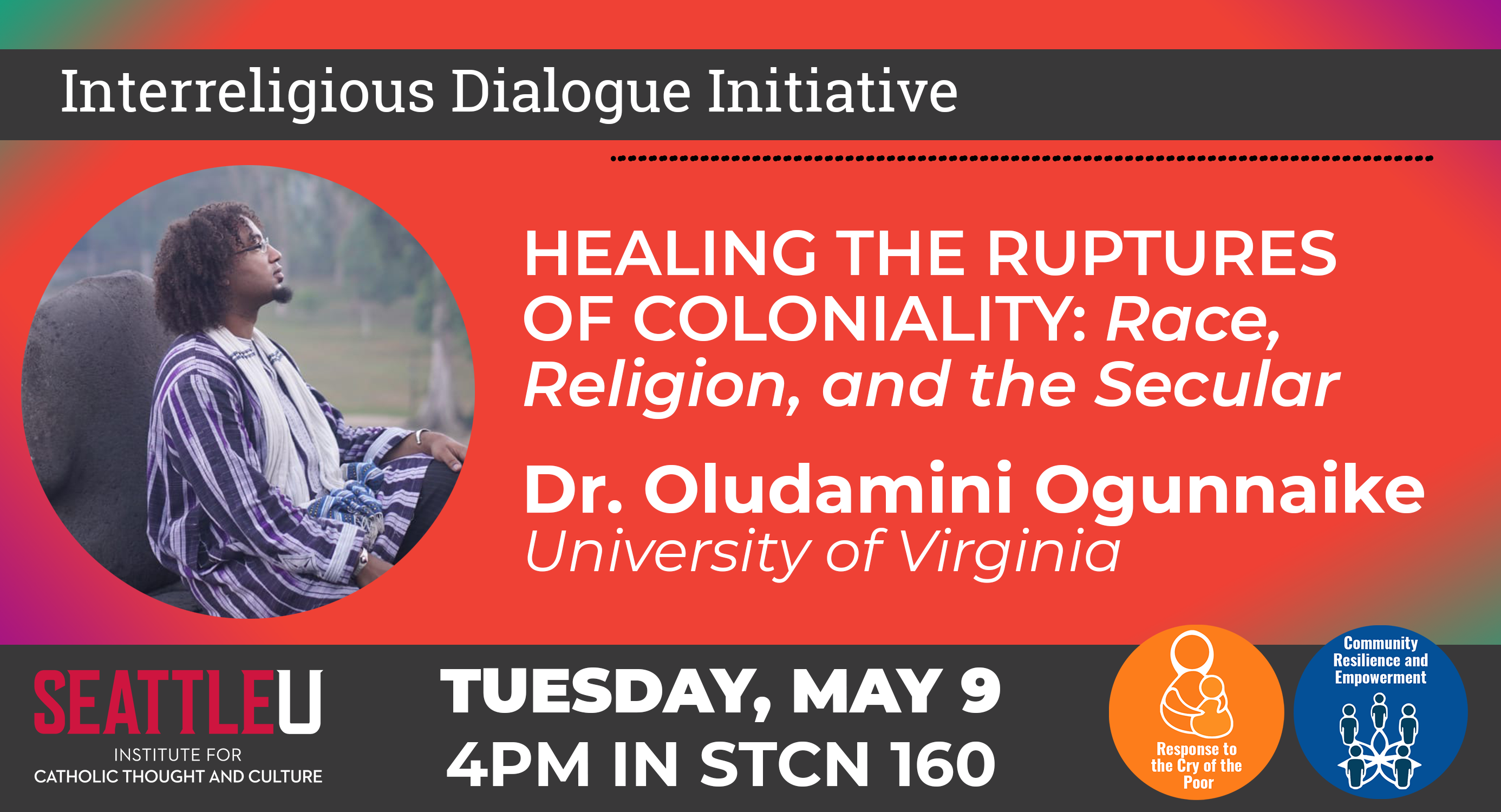 Flyer of event. Background color orange red. On the right of the flyer, there is a photography of Dr. Oludamini Ogunnaike. On the right side of the flyer, there is information about the event. The same information is displayed on the text below.