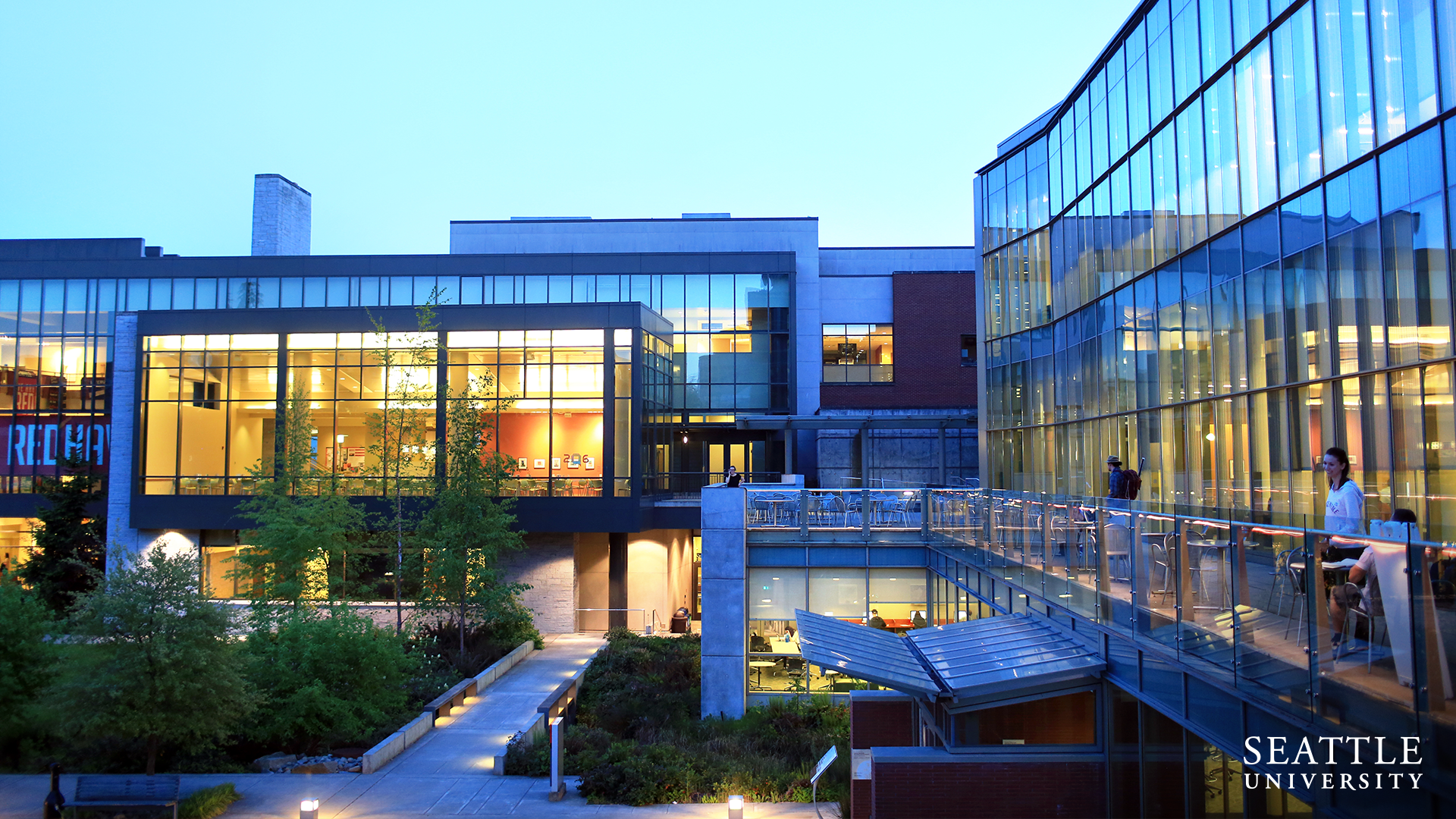 Student Center and Library Exterior at Dusk