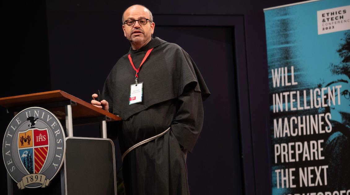 Father Benanti on stage at Ethics and Tech conference