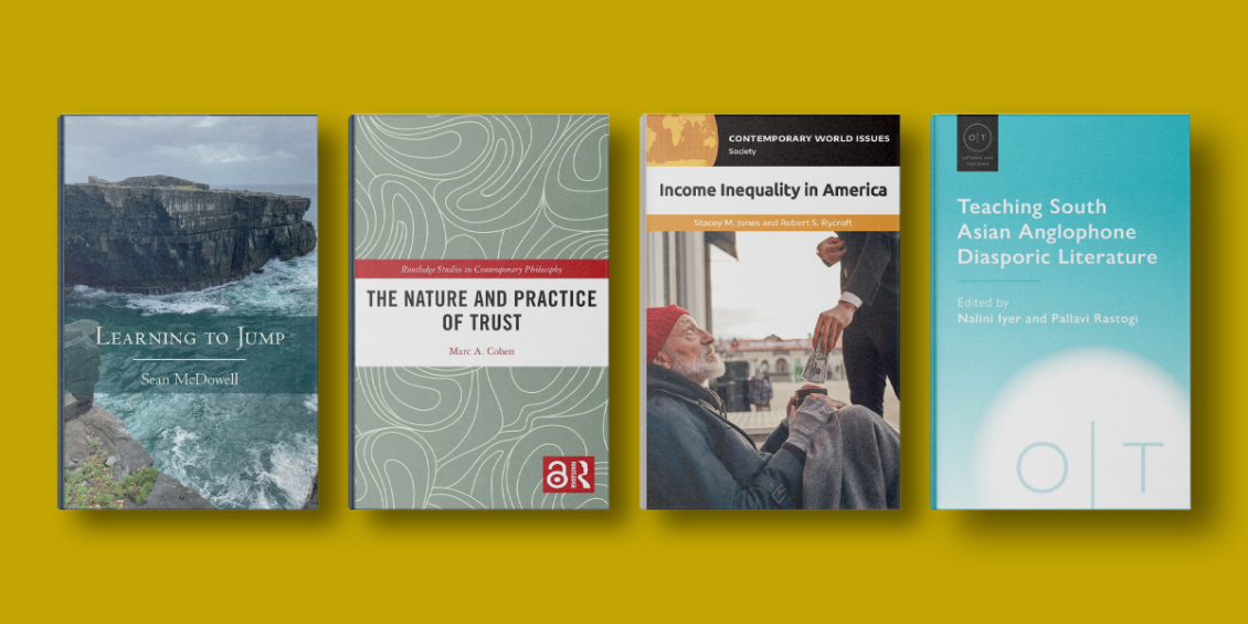 A graphic featuring four spring books by faculty