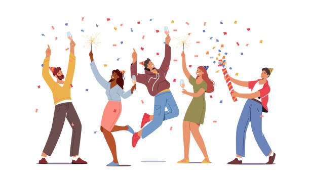 Stock graphic image of people celebrating amidst confetti