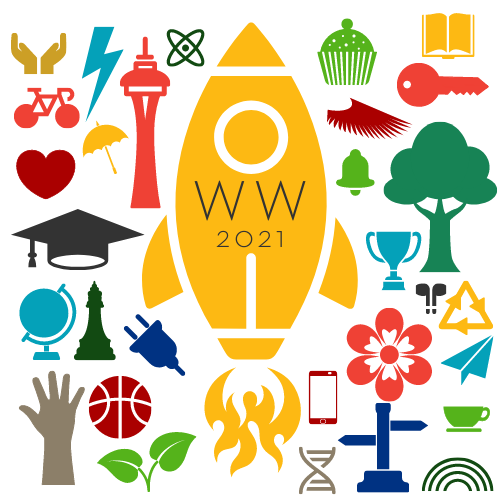 A collage of different academic and educational clipart images with WW 21 in the center for Winter Welcome 2021.