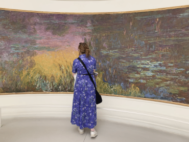 A person standing in front of a Monet painting.
