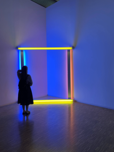 A person standing in front of neon lights.