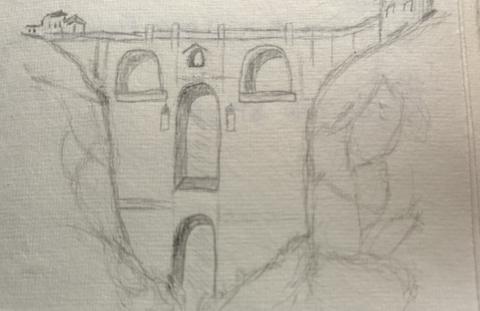 a pencil sketch of a bridge in a valley of rocks