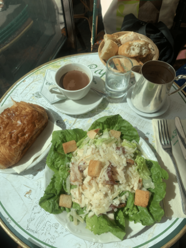 A small table of food.